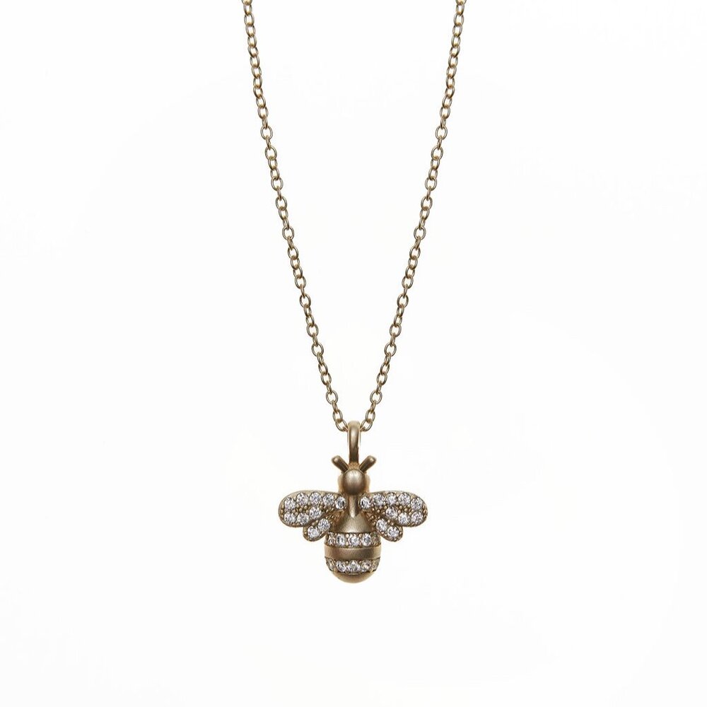 Gold Bee Pendant Necklace 17” | Crystal Honeybee Charm Dainty Chain